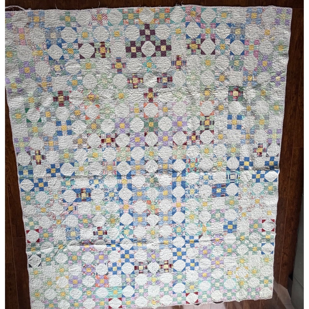 Antique Handmade Snowball Nine Patch Patchwork Quilt READ photo Cotton